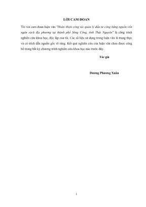 Luận văn thạc sĩ quản lý kinh tế hoàn thiện công tác quản lý đầu tư công bằng nguồn vốn ngân sách địa phương tại thành phố sông công tỉnh thái nguyên