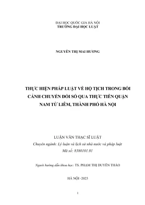 Luận văn thạc sĩ luật học thực hiện pháp luật về hộ tịch trong bối cảnh chuyển đổi số thông qua thực tiễn tại quận nam từ liêm thành phố hà nội