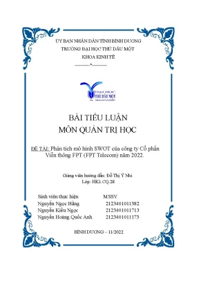 Bài tiểu luận môn quản trị học đề tài phân tích mô hình swot của công ty cổ phần viễn thông fpt fpt telecom năm 2022