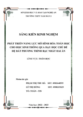 Skkn 2023 phát triển năng lực mô hình hóa toán học cho học sinh thông qua dạy học chủ đề hệ bất phương trình bậc nhất hai ẩn