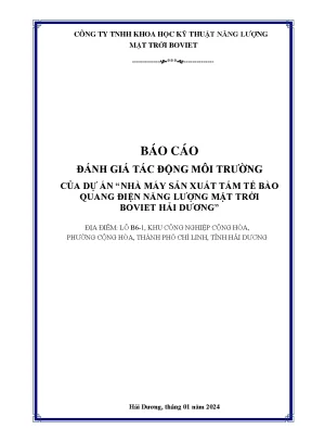 Báo cáo đánh giá tác động môi trường của dự án nhà máy sản xuất tấm tế bào quang điện năng lượng mặt trời boviet hải dương