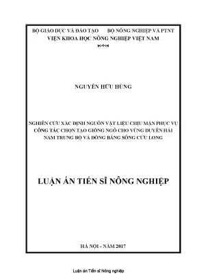 Luận án tiến sĩ nông nghiệp nghiên cứu xác định nguồn vật liệu chịu mặn phục vụ công tác chọn tạo giống ngô cho vùng duyên hải nam trung bộ và đồng bằng sông cửu long watermark