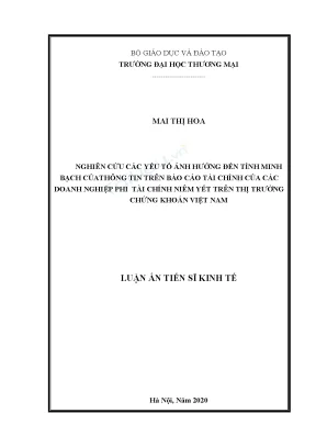 Luận án tiến sĩ kinh tế nghiên cứu các yếu tố ảnh hưởng đến tính minh bạch của thông tin trên bctc của các dnptcny trên ttck việt nam