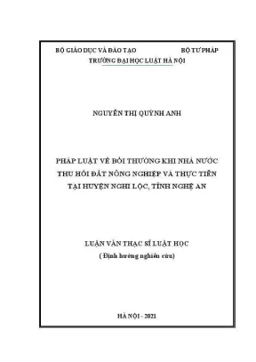 Luận văn thạc sĩ luật học pháp luật về bồi thường khi nhà nước thu hồi đất nông nghiệp và thực tiễn tại huyện nghi lộc tỉnh nghệ an