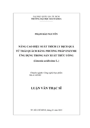 Luận văn thạc sĩ công nghệ thực phẩm nâng cao hiệu suất trích ly dịch quả từ trái quách bằng phương pháp enzyme ứng dụng trong sản xuất thức uống limonia acidissima l