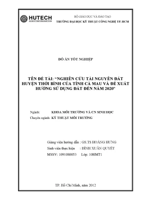 Luận văn nghiên cứu tài nguyên đất huyện thới bình của tỉnh cà mau và đề xuất hướng sử dụng đất đến năm 2020