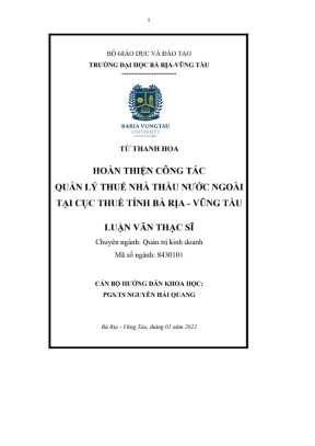 Luận văn thạc sĩ hoàn thiện công tác quản lý thuế nhà thầu nước ngoài tại cục thuế tỉnh bà rịa vũng tàu
