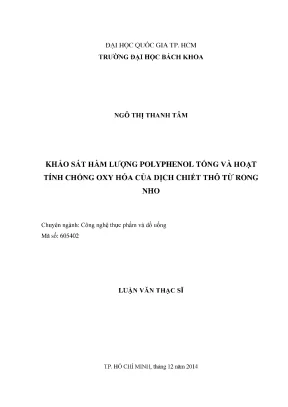 Luận văn thạc sĩ công nghệ thực phẩm khảo sát hàm lượng polyphenol tổng và hoạt tính chống oxy hóa của dịch chiết thô từ rong nho