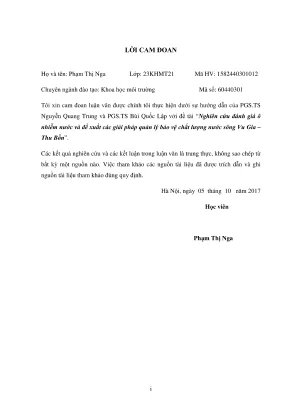 Luận văn thạc sĩ khoa học môi trường nghiên cứu đánh giá ô nhiễm nước và đề xuất các giải pháp quản lý bảo vệ chất lượng nước sông vu gia thu bồn