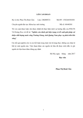 Luận văn thạc sĩ khoa học môi trường nghiên cứu đánh giá hiện trạng và đề xuất giải pháp cải thiện chất lượng nước sông trường giang tỉnh quảng nam phục vụ phát triển bề vững