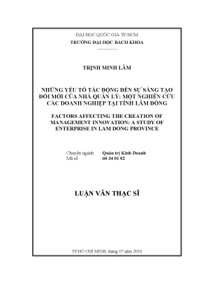 Luận văn thạc sĩ quản trị kinh doanh những yếu tố tác động đến sự sáng tạo đổi mới của nhà quản lý một nghiên cứu các doanh nghiệp tại tỉnh lâm đồng