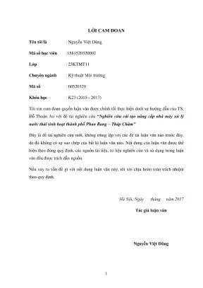 Luận văn thạc sĩ kỹ thuật môi trường nghiên cứu cải tạo nâng cấp nhà máy xử lý nước thải sinh hoạt thành phố phan rang tháp chàm