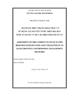 Luận văn thạc sĩ chính sách công đánh giá hiện trạng khai thác và sử dụng tài nguyên nước trên địa bàn tỉnh an giang và đưa ra biện pháp quản lý