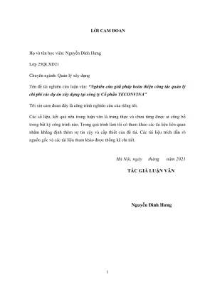 Luận văn thạc sĩ quản lý xây dựng nghiên cứu giải pháp hoàn thiện công tác quản lý chi phí các dự án xây dựng tại công ty cổ phần teconvina