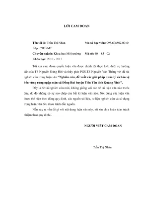 Luận văn thạc sĩ khoa học môi trường nghiên cứu đề xuất các giải pháp quản lý và bảo vệ bền vững rừng ngập mặn xã đồng rui huyện tiên yên tỉnh quảng ninh