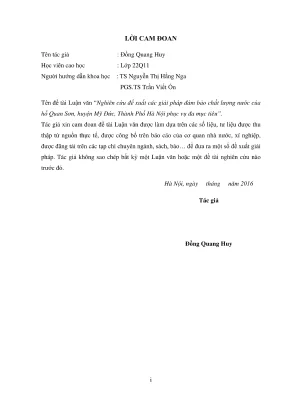 Luận văn thạc sĩ kĩ thuật tài nguyên nước nghiên cứu đề xuất các giải pháp đảm bảo chất lượng nước của hồ quan sơn huyện mỹ đức thành phố hà nội phục vụ đa mục tiêu