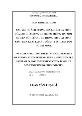 Luận văn thạc sĩ quản trị kinh doanh các yếu tố ảnh hưởng đến lợi ích cá nhân của người sử dụng hệ thống thông tin một nghiên cứu về các hệ thống erp giai đoạn sau triển khai tại các công ty ở thành phố hồ chí minh