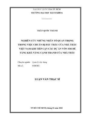 Luận văn thạc sĩ quản lý xây dựng nghiên cứu những nhân tố quan trọng trong việc chuẩn bị đấu thầu của nhà thầu việt nam khi tiếp cận các dự án vốn fdi để tăng khả năng cạnh tranh của nhà thầu
