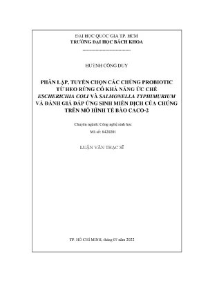 Luận văn thạc sĩ công nghệ sinh học phân lập tuyển chọn các chủng probiotic từ heo rừng có khả năng ức chế escherichia coli và salmonella typhimurium và đánh giá đáp ứng sinh miễn dịch của chúng trên mô hình tế bào caco2