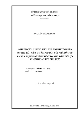 Luận văn thạc sĩ quản lý xây dựng nghiên cứu những tiêu chí ảnh hưởng đến sự thu hút của dự án ppp đối với nhà đầu tư và xây dựng mô hình hỗ trợ nhà đầu tư lựa chọn dự án ppp phù hợp