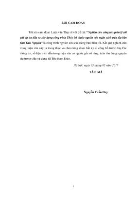 Luận văn thạc sĩ quản lý xây dựng nghiên cứu công tác quản lý chi phí dự án đầu tư xây dựng công trình thủy lợi thuộc nguồn vốn ngân sách trên địa bàn tỉnh thái nguyên