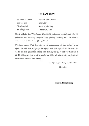 Luận văn thạc sĩ quản lý xây dựng nghiên cứu đề xuất giải pháp nâng cao hiệu quả công tác quản lý an toàn lao động trong xây dựng áp dụng cho hạng mục tràn xả lũ hồ chứa nước thác chuối tỉnh quảng bình