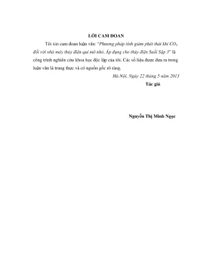 Luận văn thạc sĩ kinh tế tài nguyên thiên nhiên và môi trường phương pháp tính giảm phát thải khí co2 đối với nhà máy thủy điện quy mô nhỏ áp dụng cho thủy điện suối sập 3
