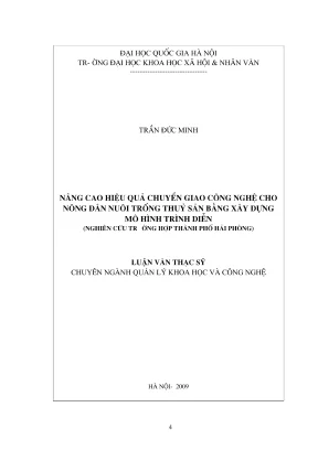 Luận văn thạc sĩ quản lý khoa học và công nghệ nâng cao hiệu quả chuyển giao công nghệ cho nông dân nuôi trồng thủy sản bằng xây dựng mô hình trình diễn nghiên cứu trường hợp thành phố hải phòng