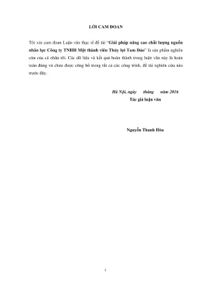 Luận văn thạc sĩ chuyên ngành quản lý tài nguyên và môi trường giải pháp nâng cao chất lượng nguồn nhân lực công ty trách nhiệm hữu hạn một thành viên thủy lợi tam đảo
