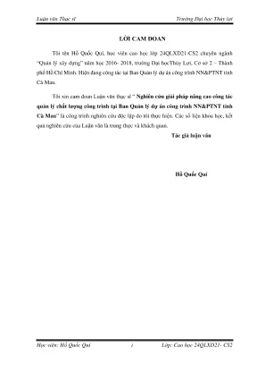 Luận văn thạc sĩ quản lý xây dựng nghiên cứu giải pháp nâng cao công tác quản lý chất lượng công trình tại ban quản lý dự án công trình nông nghiệp và phát triển nông thôn tỉnh cà mau