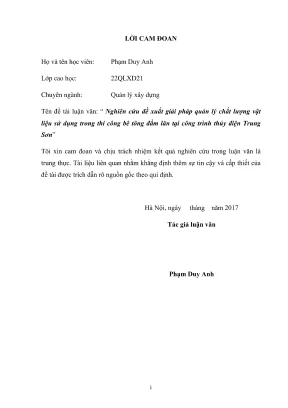 Luận văn thạc sĩ quản lý xây dựng nghiên cứu đề xuất giải pháp quản lý chất lượng vật liệu sử dụng trong thi công bê tông đầm lăn tại công trình thủy điện trung sơn