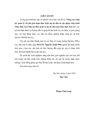 Luận văn thạc sĩ quản lý xây dựng tăng cường công tác quản lý chi phí giai đoạn thực hiện dự án đầu tư xây dựng công trình thủy điện lai châu của ban quản lý dự án nhà máy thủy điện sơn la