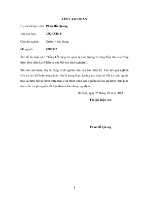 Luận văn thạc sĩ quản lý xây dựng tổng kết công tác quản lý chất lượng bê tông đầm lăn của công trình thủy điện lai châu và các bài học kinh nghiệm