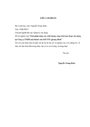 Luận văn thạc sĩ quản lý xây dựng giải pháp nâng cao chất lượng công trình giai đoạn xây dựng tại công ty trách nhiệm hữu hạn một thành viên khai thác công trình thủy lợi quảng bình