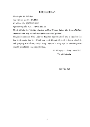 Luận văn thạc sĩ kỹ thuật cơ sở hạ tầng nghiên cứu công nghệ xử lý nước thải có hàm lượng chất hữu cơ cao cho nhà máy sản xuất thực phẩm acecook việt nam