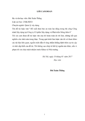 Luận văn thạc sĩ quản lý xây dựng đề xuất giải pháp đảm bảo an toàn lao động trong thi công công trình xây dựng tại công ty cổ phần xây dựng và phát triển nông thôn 6