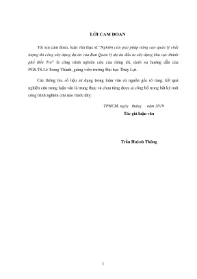 Luận văn thạc sĩ quản lý xây dựng nghiên cứu giải pháp nâng cao quản lý chất lượng thi công xây dựng các dự án của ban quản lý dự án đầu tư xây dựng khu vực thành phố bến tre