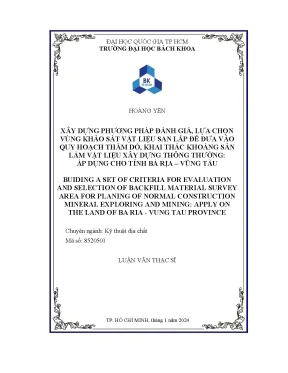 Luận văn thạc sĩ kỹ thuật địa chất xây dựng phương pháp đánh giá lựa chọn vùng khảo sát vật liệu san lấp để đưa vào quy hoạch thăm dò khai thác khoáng sản làm vật liệu xây dựng thông thường áp dụng cho tỉnh bà rịavũng tàu