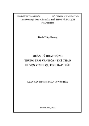 Luận văn thạc sĩ quản lý văn hóa quản lý hoạt động trung tâm văn hóa thể thao huyện vĩnh lợi tỉnh bạc liêu