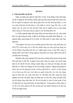 Luận văn thạc sĩ kinh tế tài nguyên thiên nhiên và môi trường nghiên cứu hiệu quả của việc phân cấp quản lí khai thác bảo vệ công trình thủy lợi trên địa bàn tỉnh thái nguyên