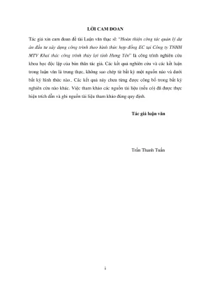 Luận văn thạc sĩ quản lý xây dựng hoàn thiện công tác quản lý dự án đầu tư xây dựng công trình theo hình thức hợp đồng ec tại công ty tnhh mtv khai thác công trình thủy lợi tỉnh hưng yên