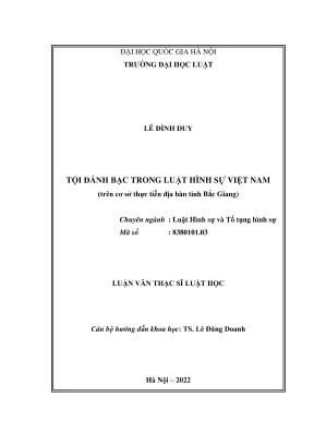 Luận văn thạc sĩ luật học tội đánh bạc trong luật hình sự việt nam trên cơ sở thực tiễn địa bàn tỉnh bắc giang