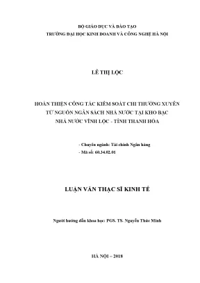 Luận văn thạc sĩ hubt công tác kiểm soát chi thường xuyên từ nguồn ngân sách nhà nước tại kho bạc nhà nước vĩnh lộc tỉnh thanh hóa