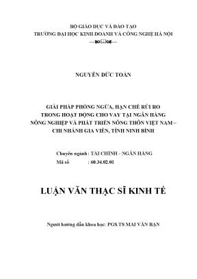 Luận văn thạc sĩ hubt hạn chế rủi ro trong hoạt động cho vay tại ngân hàng nông nghiệp và phát triển nông thôn việt nam chi nhánh gia viễn tỉnh ninh bình
