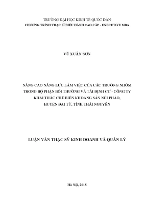 Luận văn thạc sỹ kinh doanh và quản lý nâng cao năng lực làm việc của các trưởng nhóm trong bộ phận bồi thường và tái định cư công ty khai thác chế biến khoáng sản núi pháo huyện đại từ tỉnh thái nguyên