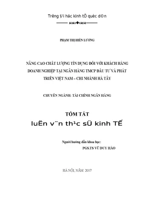 Luận văn thạc sĩ nâng cao chất lượng tín dụng đối với khách hàng doanh nghiệp tại ngân hàng tmcp đầu tư và phát triển việt nam chi nhánh hà tây