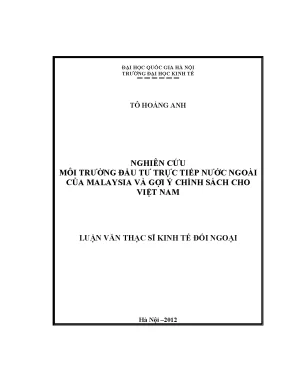 Luận văn thạc sĩ nghiên cứu môi trường đầu tư trực tiếp nước ngoài của malaysia và gợi ý chính sách cho việt nam