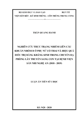 Luận án tiến sĩ nghiên cứu thực trạng nhiễm liên cầu khuẩn nhóm b ở phụ nữ có thai và hiệu quả điều trị dự phòng bằng kháng sinh trong chuyển dạ phòng lây truyền sang con