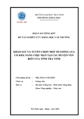 Luận án tiến sĩ khảo sát và tuyển chọn một số giống lúa có khả năng chịu mặn tại các huyện ven biển của tỉnh trà vinh