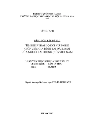 Luận văn thạc sĩ tìm hiểu thái độ đối với nghề giúp việc gia đình tại đài loan của người lao động nữ việt nam